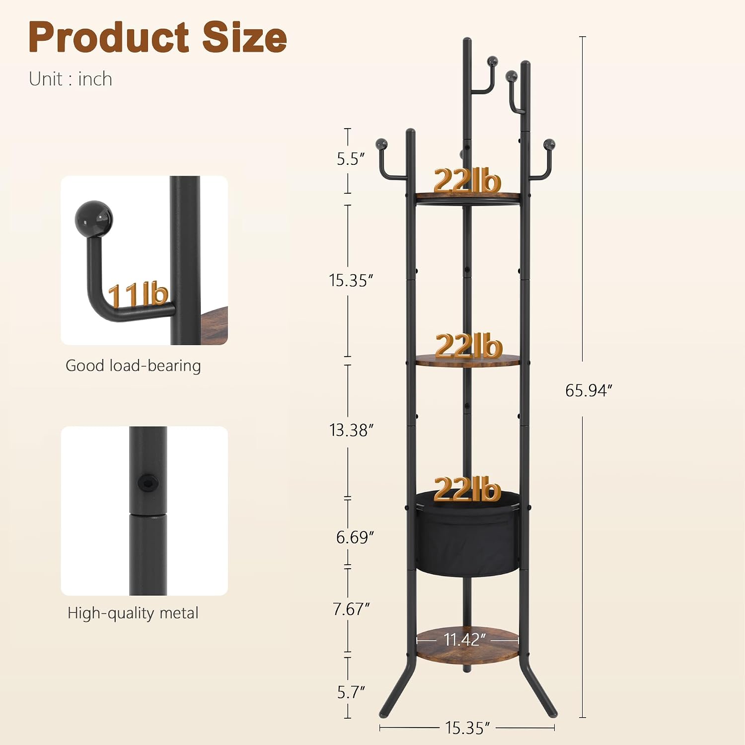Hoctieon Coat Rack Freestanding, Round Coat Rack with 3 Wooden Shelves and 1 Fabric Basket, Metal Clothes Tree with 5 Hooks, Coat Hanger Stand for Clothes, Hats, Bags, Brown and Black