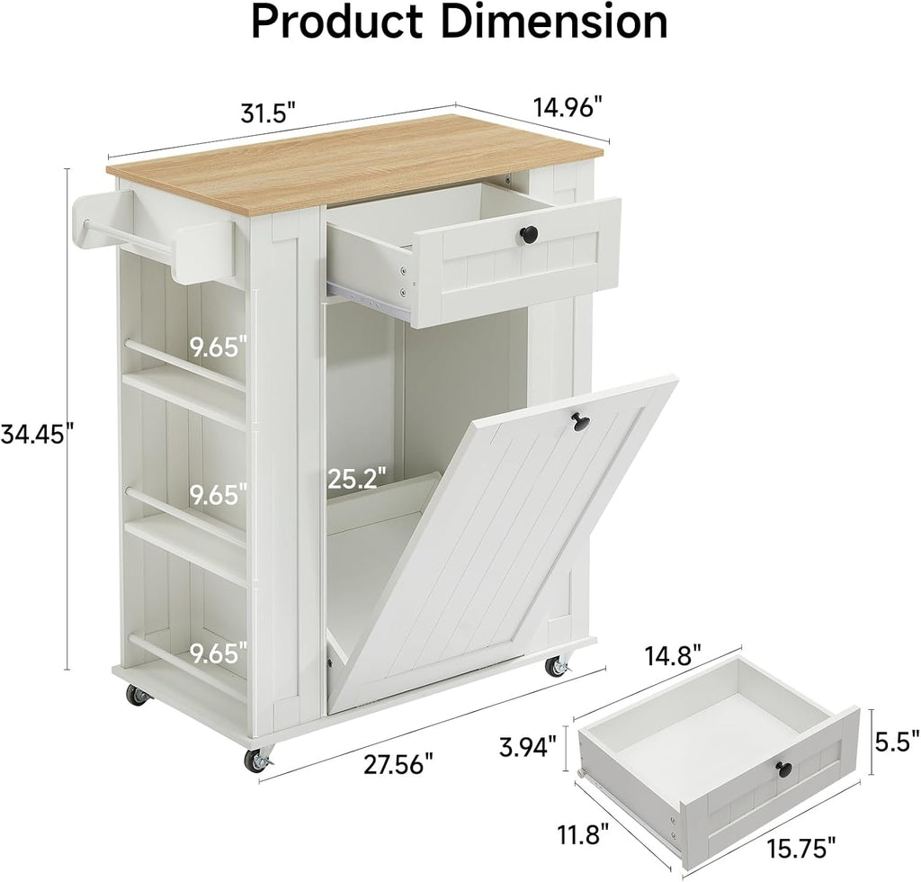 ONBRILL 35" Kitchen Island with Trash Can Cabinet & Power Outlet, Rolling Kitchen Cart with Storage Drawer, 6-Tier Spice Rack, Portable Sideboard Table for Dining Room, Living Room, White