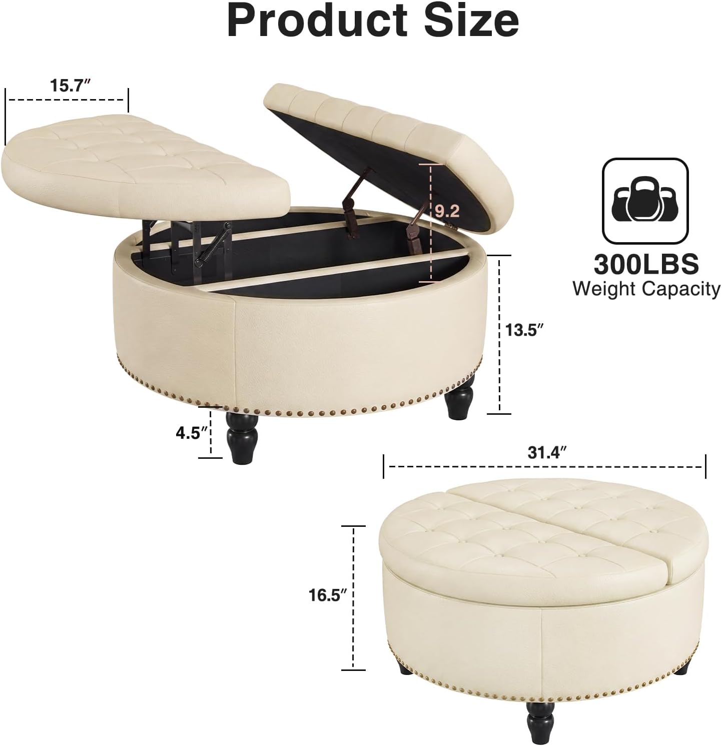 FiveWillowise 30 Inch Large Round Ottoman with Storage, Modern Leather Ottoman Coffee Table with Lift Top, Upholstered Button Tufted Footrest Stool Toy Blanket Storage for Living Room,Cream White