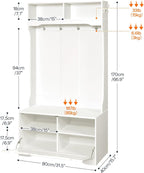 HOOBRO Hall Tree with Bench and Shoe Storage, Entryway Bench with Coat Rack and Shoe Cabinet, Flip-Down Cabinet Door, Coat Rack with Shoe Rack, for Mud Room, White WT84MT01