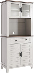 Multi-Functional Pantry Coffee Cabinet with Storage, 72" White Modern Wood Tall Kitchen Bar Cabinet Hutch with 4 Glass Doors & 1 Drawer, Stand Alone Food Pantry Organizer for Dining Room & Home