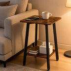 King Oasis 2-Tier Small Side Table for Living Room, End Table with Storage Shelf, Wood & Metal Bedside Table Nightstand for Small Spaces, Sturdy Sofa Side Table for Bedroom, Rustic Brown