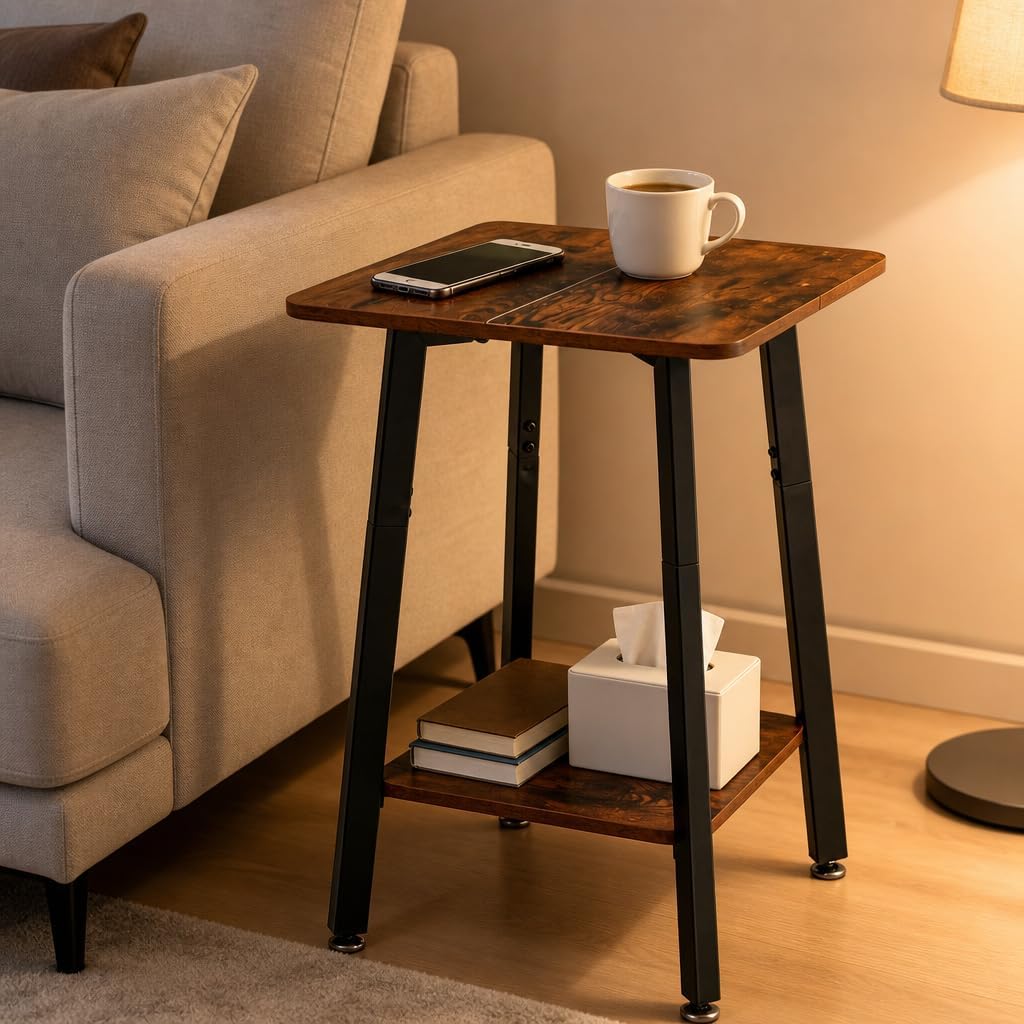 King Oasis 2-Tier Small Side Table for Living Room, End Table with Storage Shelf, Wood & Metal Bedside Table Nightstand for Small Spaces, Sturdy Sofa Side Table for Bedroom, Rustic Brown