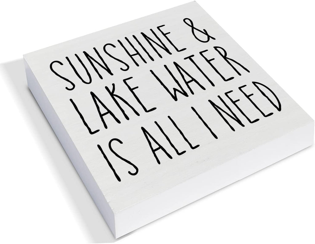 Country Lake Themed Wood Box Sign Decor Desk Sign Sunshine and Lake Water is All I Need Wooden Box Block Sign Summer Rustic Home Shelf Wall Decoration
