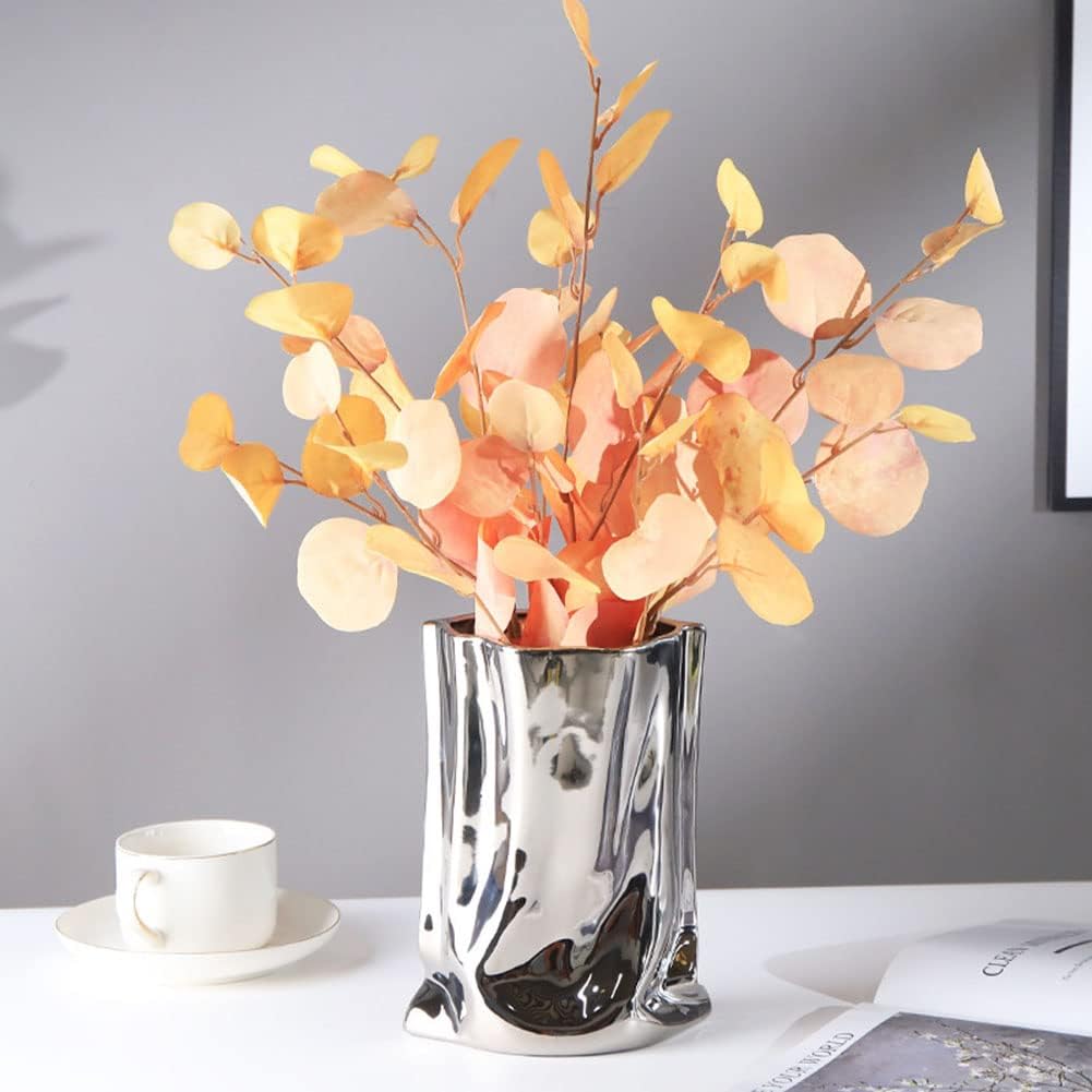 Silver Vase, Paper Bag Modern Minimalist Metallic Luster Ceramic Flower Vase for Home Decor, Table, Living Room Decoration, Shelf Decor, Mantel (Silver-Large)