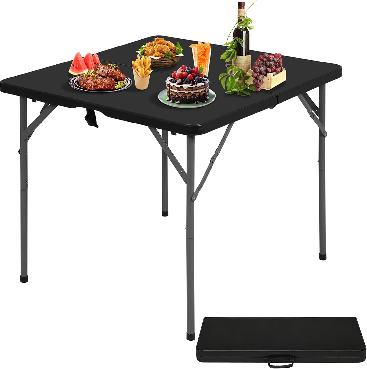 BLKMTY 34" Square Folding Card Table, Indoor Outdoor Portable Picnic Table Half Foldable Plastic Tables with Carrying Handle for Kitchen Camping Party BBQ Event, Black