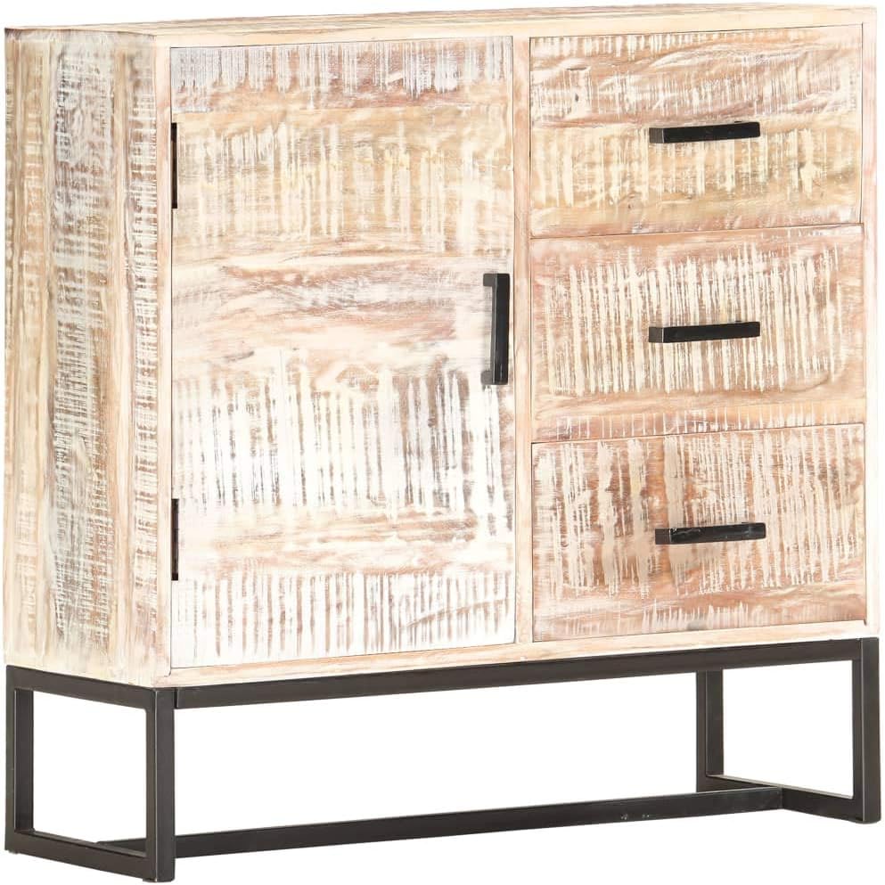 White Solid Acacia Wood Sideboard with Powder-Coated Steel Frame, 4 Storage Compartments for Living Room Dining Room Hallway Organization, Retro Style Furniture with Unique