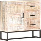 White Solid Acacia Wood Sideboard with Powder-Coated Steel Frame, 4 Storage Compartments for Living Room Dining Room Hallway Organization, Retro Style Furniture with Unique