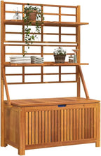 Brown Acacia Wood Outdoor Storage Box 39"x19.7"x63" with Trellis, Patio Bench for Tools/Cushions