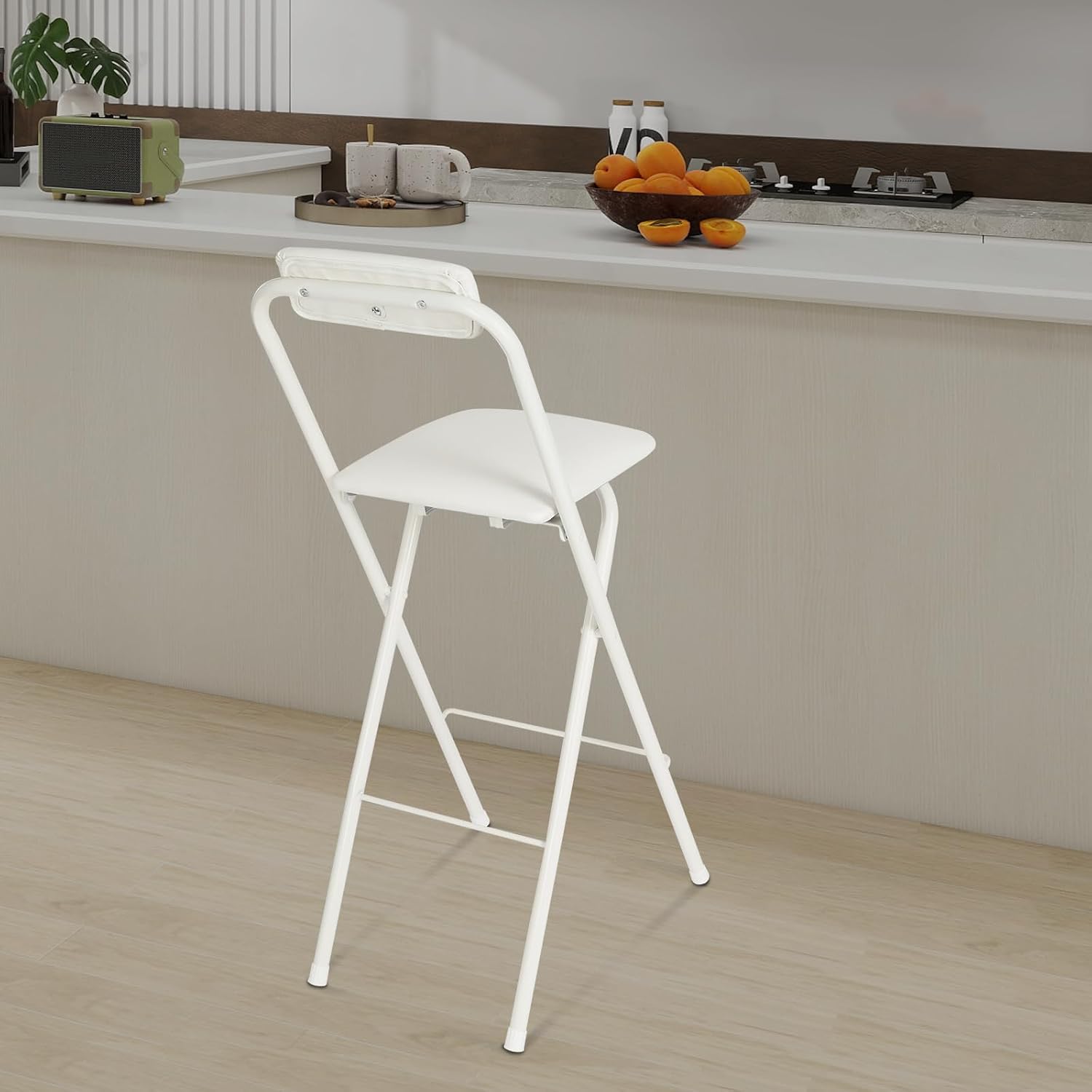 Folding Bar Stool with Back, 27 Inch Padded Counter Height Foldable Stool Portable Tall Folding Bar Chair 275lbs for Gardening Outdoor Kitchen Camping Fishing Shop Cafe (White)