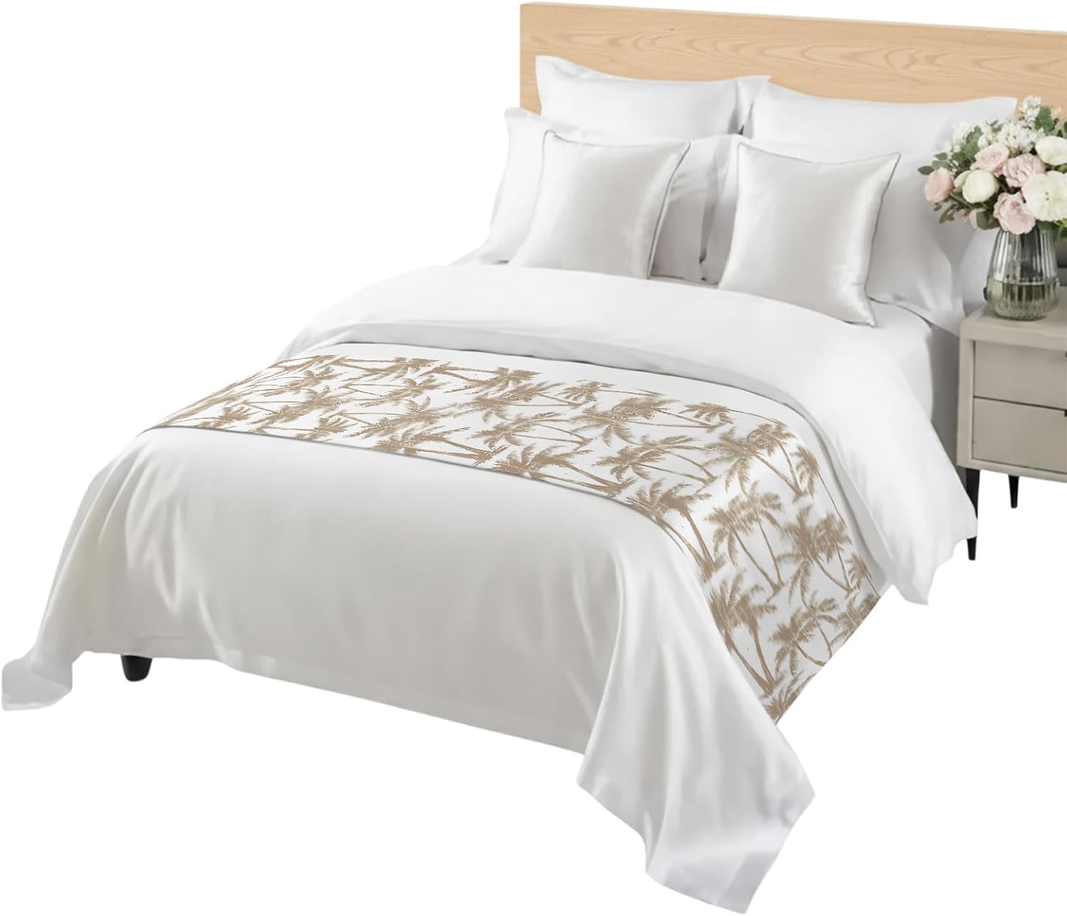 Light Brown Palm Tree Bed Runner Scarf King Size, Summer Tropical Tree Coastal Beach Luxury Bed Throw Runners & Scarves for Twin Full Queen King Foot of Beds, Hotel Decoration, 94"x20"