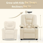 MCombo Big Kids Recliner for Ages 3+, Child Reclining Chair, Toddlers Recliner Sofa with Cup Holders, Faux Leather, 7322(Cream White)