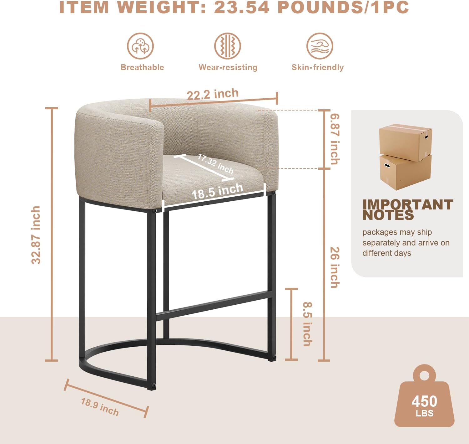 26" H Counter Height Bar Stools Set of 3, Modern Barrel Counter Stools with Backrest and Arms, Linen Fabric Upholstered Accent Barstools for Kitchen Island, Support 450 LBS, Beige