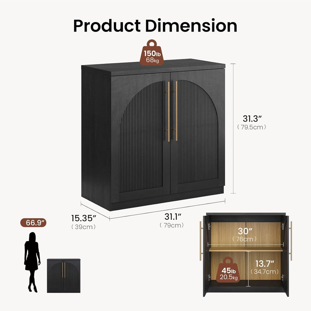 ModernMate Arched Sideboard Cabinet, Black Wood Grain Buffet Table with Wave-Panel Doors and Soft-Close Hinges, 31" Modular Storage Credenza for Entryway, Hallway & Living Room