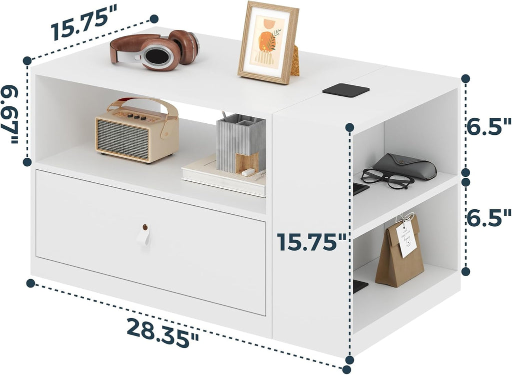 Nightstand, End Table with Drawers Storage, Wooden Night Stand for Living Room Bedroom, Modern Accent Furniture，Light Wood Side Table with Open Shelves & Cabinet (White)