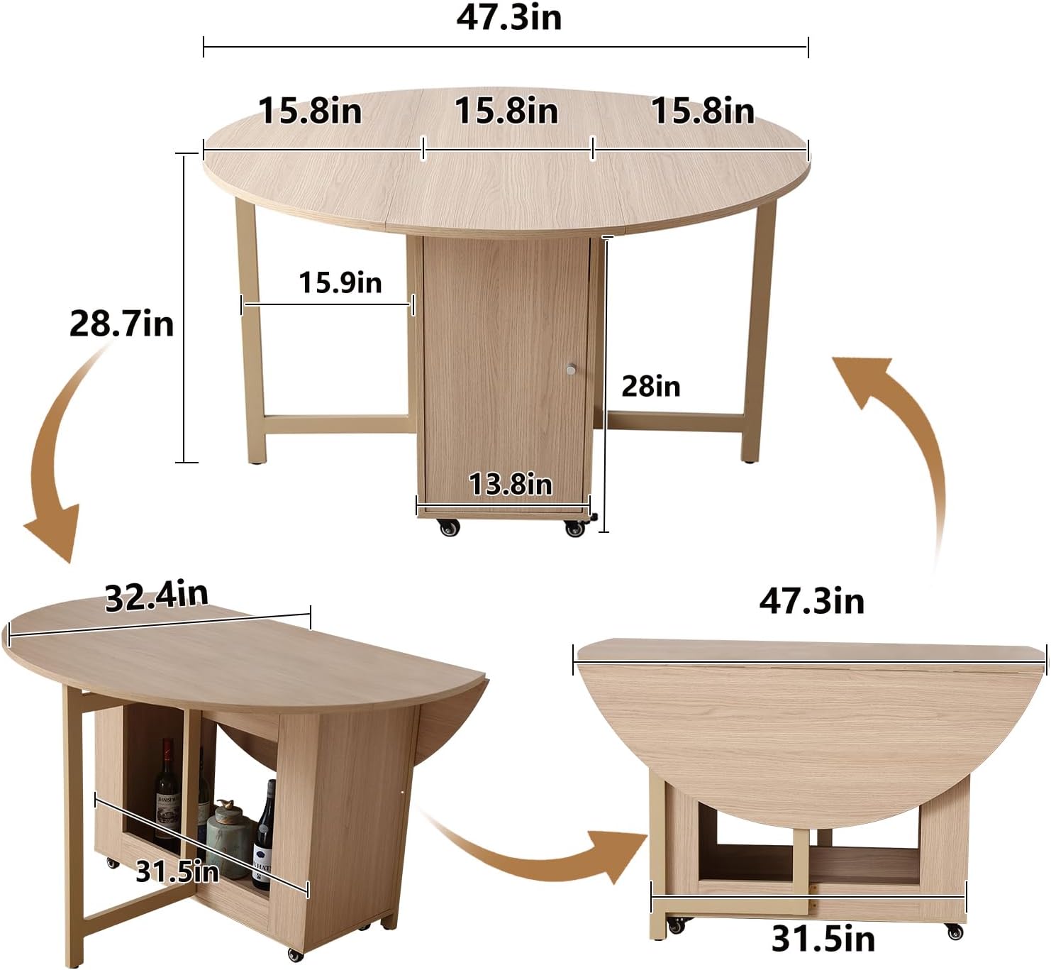 COMUHOME Wood Round Folding Dining Table with 6 Chairs, 47.3" Folding Table and Chairs with Storage Shelf Metal Legs for Home Dining Room Living Room, Space Saving Foldable Dining Table with 6 Chairs