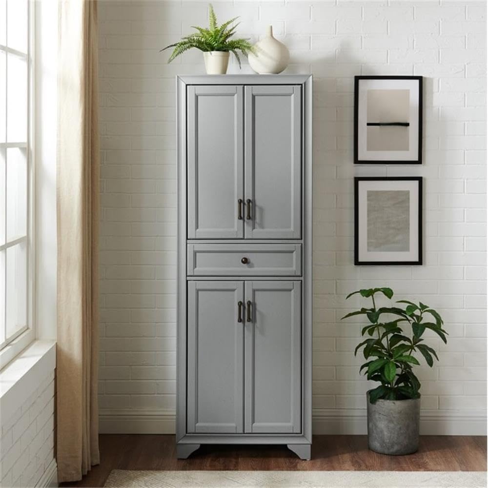 MAKLAINE Traditional Wood 4 Door Pantry, 67.75" H x 23.75" W x 15" D, MDF and Rubberwood, Distressed Gray/Black Finish, Adjustable Shelves, Full-Extension Drawer, Modern Farmhouse Kitchen Storage