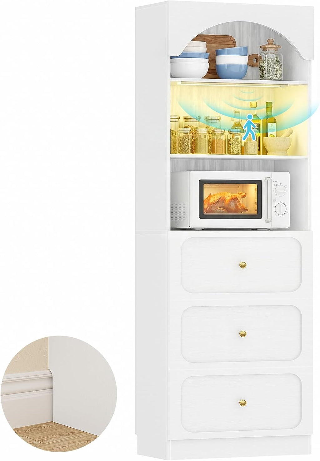 Cyclysio 80" Kitchen Pantry with 3 Drawers, Extra Tall Arch Storage Cupboard with Motion Sensor Light, Freestanding Wood Shelf with Baseboard Cutout for Dining Living Room Bathroom Furniture