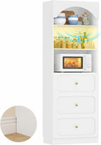 Cyclysio 80" Kitchen Pantry with 3 Drawers, Extra Tall Arch Storage Cupboard with Motion Sensor Light, Freestanding Wood Shelf with Baseboard Cutout for Dining Living Room Bathroom Furniture