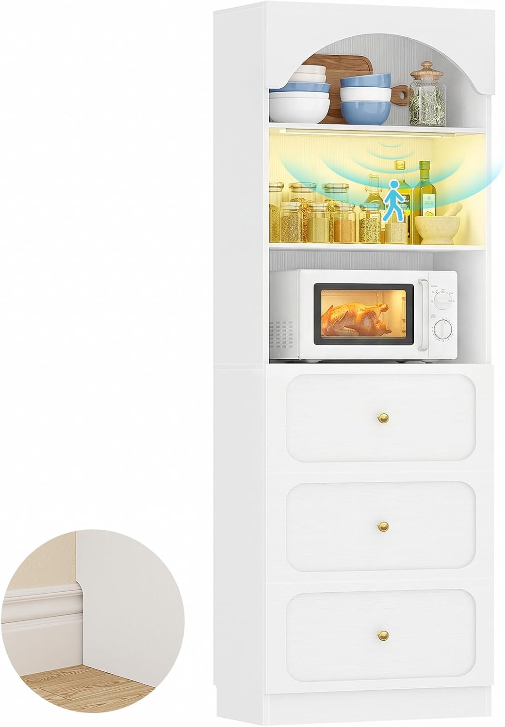 Cyclysio 80" Kitchen Pantry with 3 Drawers, Extra Tall Arch Storage Cupboard with Motion Sensor Light, Freestanding Wood Shelf with Baseboard Cutout for Dining Living Room Bathroom Furniture