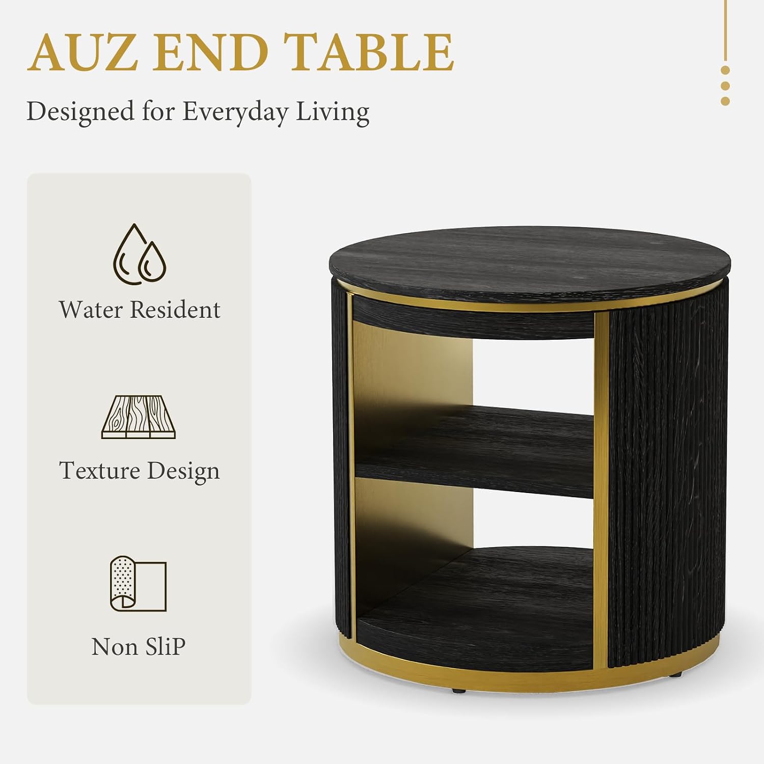 AUZ Round Black and Gold Fluted End Table Set of 2, 22" Mid Century Modern Wood Side Table with Storage, Modern Bedside Table, Nightstand for Living Room, Bedroom