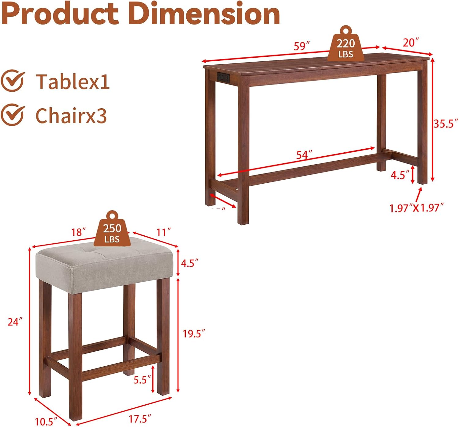59" Dining Bar Table Set with Power Outlet, Behind Couch Sofa Table with 3 Padded Stools, 4 Piece Bar Table and Chairs Set for Living Room, Dining Room, Cherry