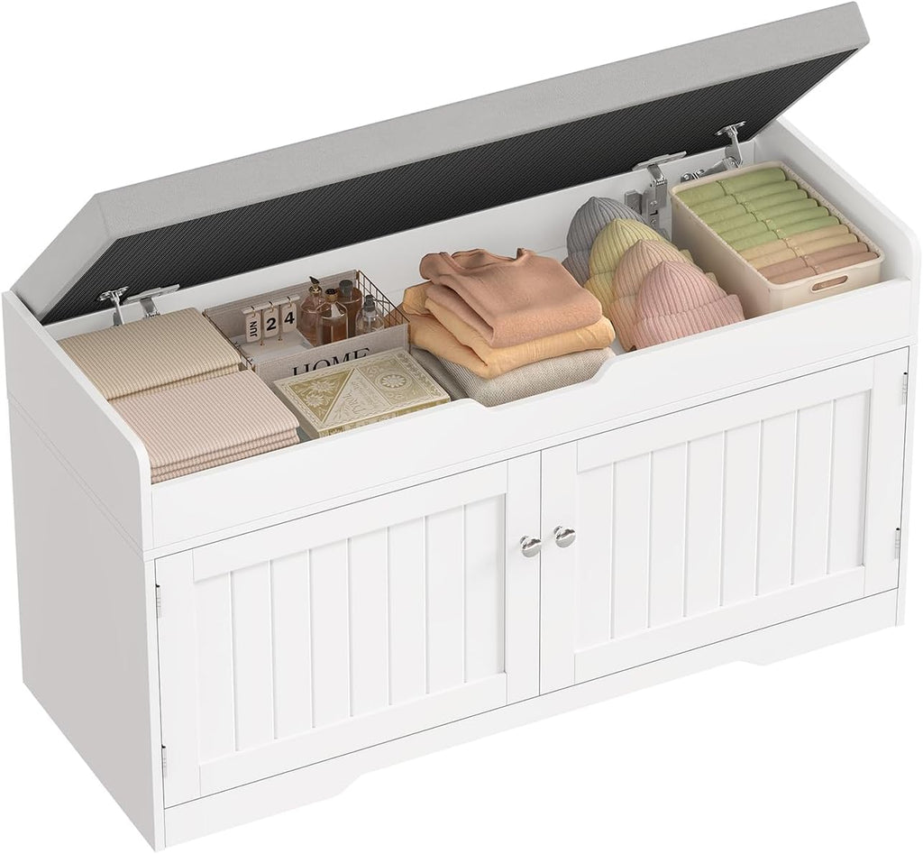 usikey Shoe Bench with Lift Top Storage, Entryway Bench with Padded Seat Cushion, Shoe Storage Bench with 2 Adjustable Shelves, for Entryway, Living Room, Bedroom, White