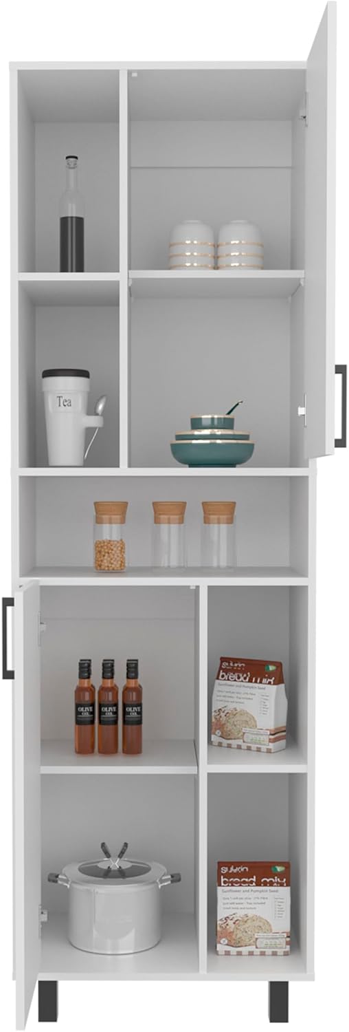 23.6" D* 16.2" W*74.8" H Kitchen Pantry with 4 Shelves, 2 Single Doors with 8 Storage Cubbies, Rectangular Storage Cabinet, Modern Minimalist, for Living Room, Dining Room, White
