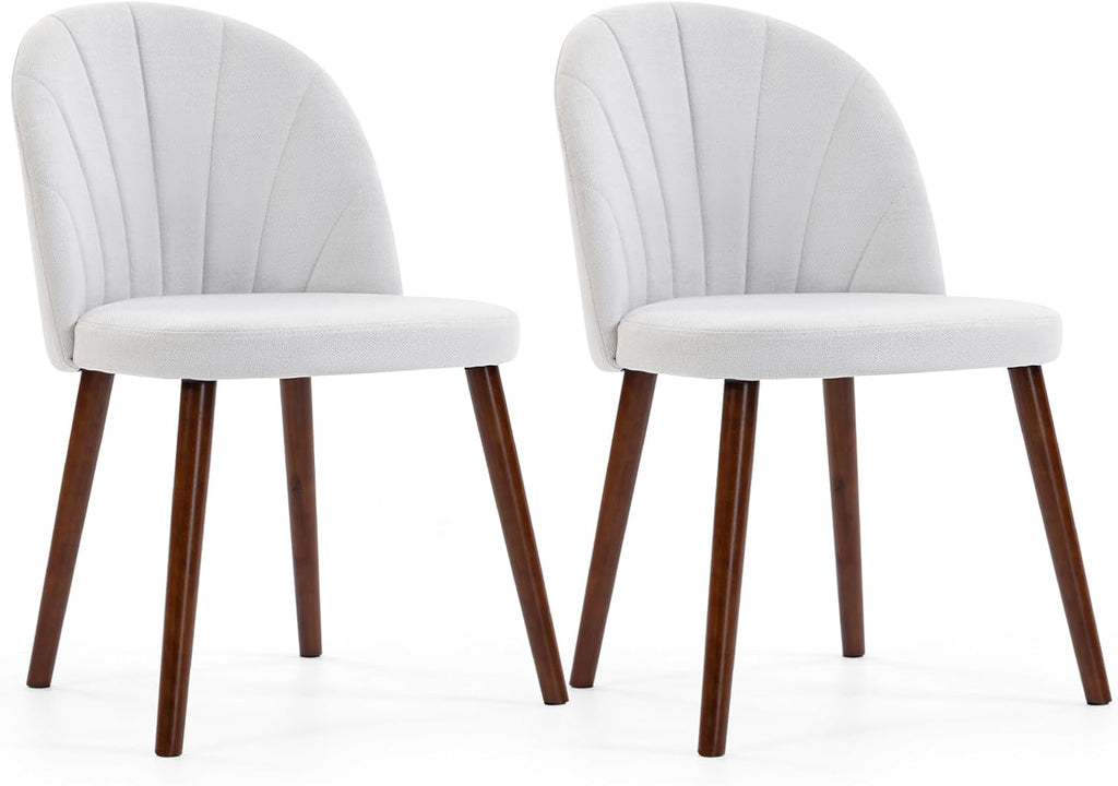 Fabric Dining Chairs Set of 4, Upholstered Mid Century Modern Dining Chairs, Armless Accent Chair with Walnut Wood Legs for Kitchen, Living Room, Dining Room, White