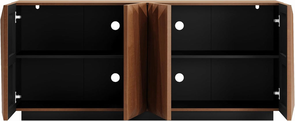 60" Contemporary Geometric Sideboard Buffet with 3D Triangular Doors & Floating Base, Light Walnut Credenza Storage Cabinet for Living Room Kitchen Entryway