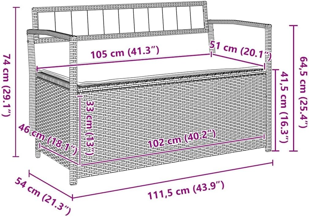 Patio Storage Bench with Brown Poly Rattan Cushion, Outdoor Garden Seat with Weather-Resistant Storage, Comfortable Yard Furniture for Porch, Deck, Balcony Relaxation