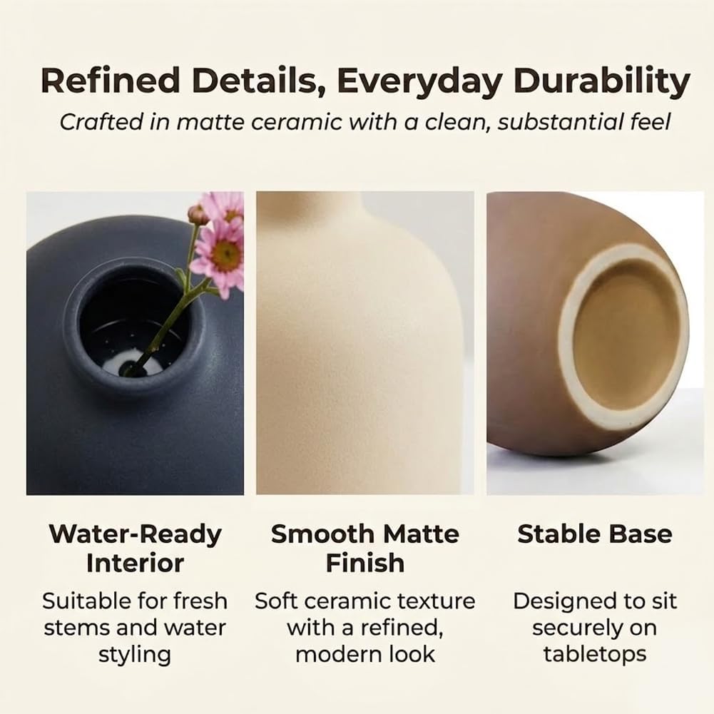 Ceramic Neutral Vase Set of 4 - Modern Decorative Flower Vases Home Decor, Rustic Farmhouse Table Decor for Living Room, Shelves, Entryway, Mantel, Boho Pottery Vases for Bouquets, Pampas, and Gifts