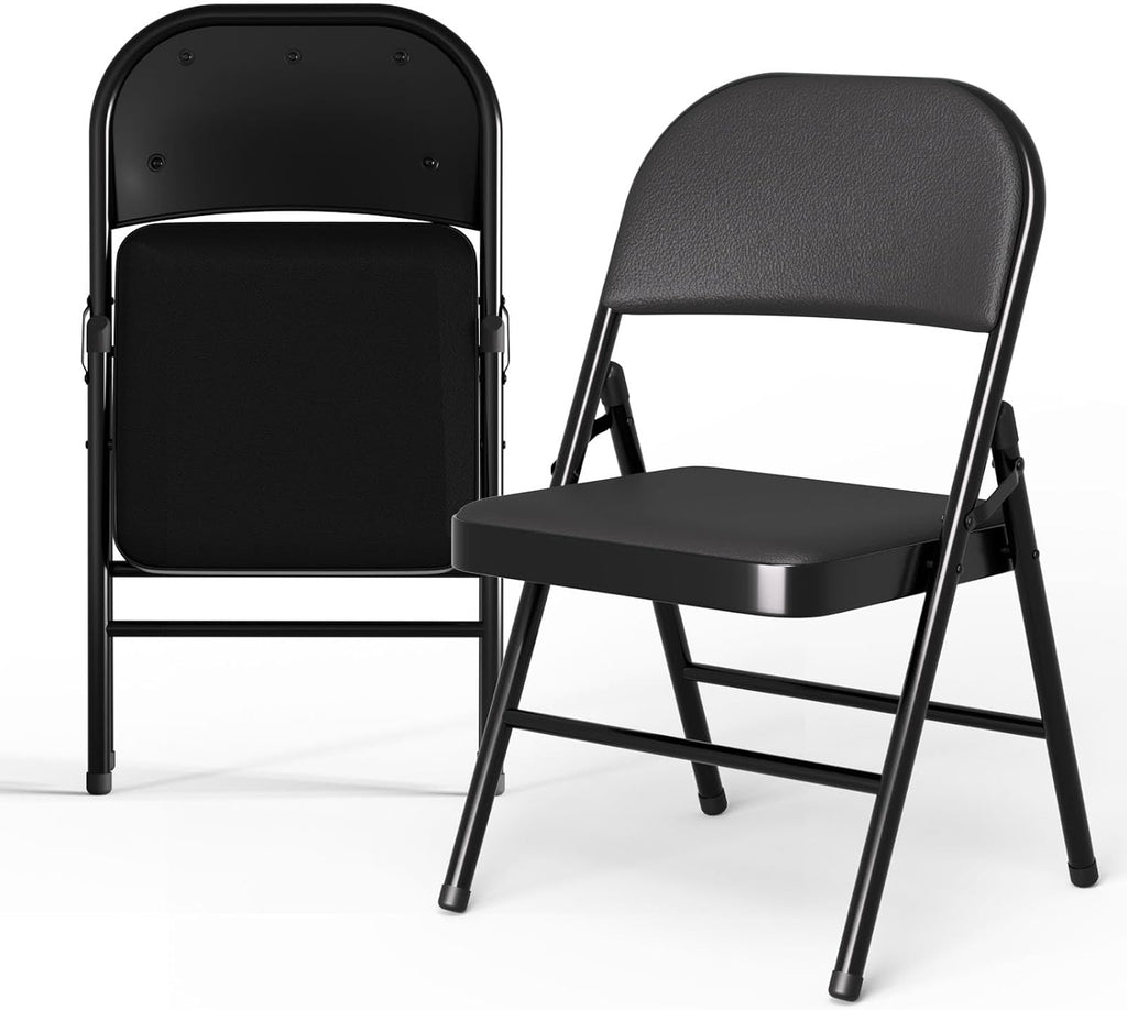 SHGJ&SOFT Set of 2 Folding Chairs with Padded Seats and Backs, Black Metal Frame Chair for Indoor and Outdoor, Home Office, Dorm, Party, Backyard, Lawn, Patio(Black, 2-Pack)