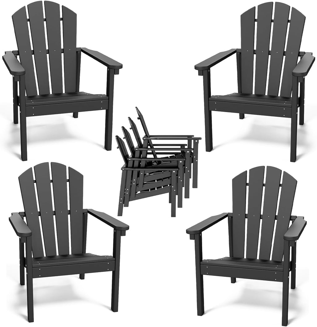 Adirondack Chair Set of 4, All Weather HDPE Fire Pit Chairs, Oversized Plastic Adirondack Chair for Outdoor, Balcony, Deck, Backyard, Patio, Garden, Poolside, Lawn Black