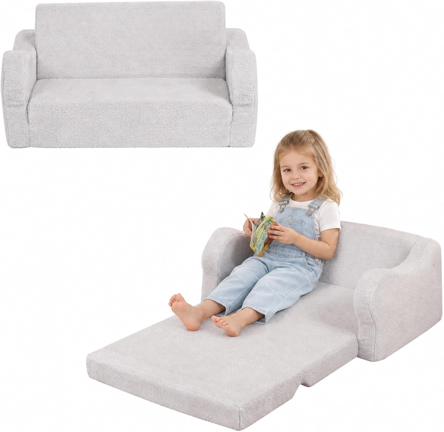 Extra Wide Toddler Chair, 2-in-1 Toddler Couch Fold Out, Convertible Kids Sofa to Lounger for Boys & Girls, Grey
