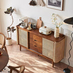 Entryway Cabinet Chinese Style Wooden Sideboard Dining Room with Drawers Double Door Rattan Storage Cabinet Multifunctional Storage Cabinet Sideboard Storage Cabinet