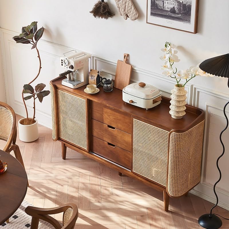 Entryway Cabinet Chinese Style Wooden Sideboard Dining Room with Drawers Double Door Rattan Storage Cabinet Multifunctional Storage Cabinet Sideboard Storage Cabinet