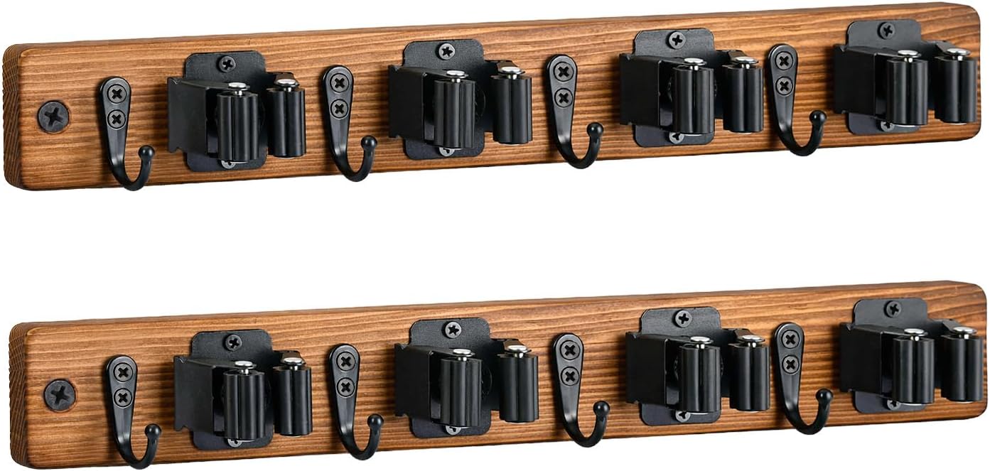 Lorbro 2 Pack Broom Holder Wall Mount, Wooden Broom and Mop Organizer Wall Hanging, Mop Hanger Rack with 4 Slots & 4 Hooks, Tool Organizer for Laundry Room, Closet, Garage, Kitchen