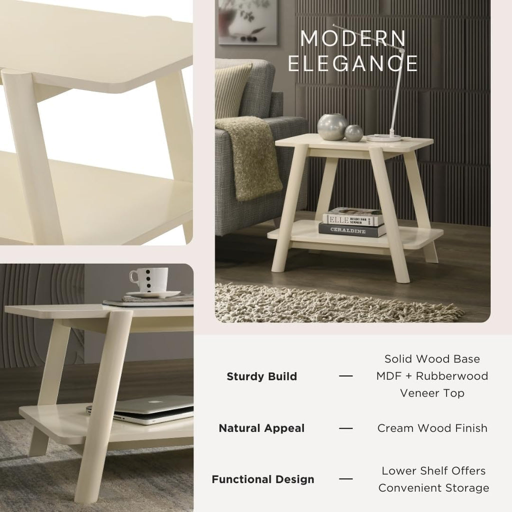 Roundhill Furniture Metz Mid-Century Modern Wood Shelf End Table, Off-White Finish