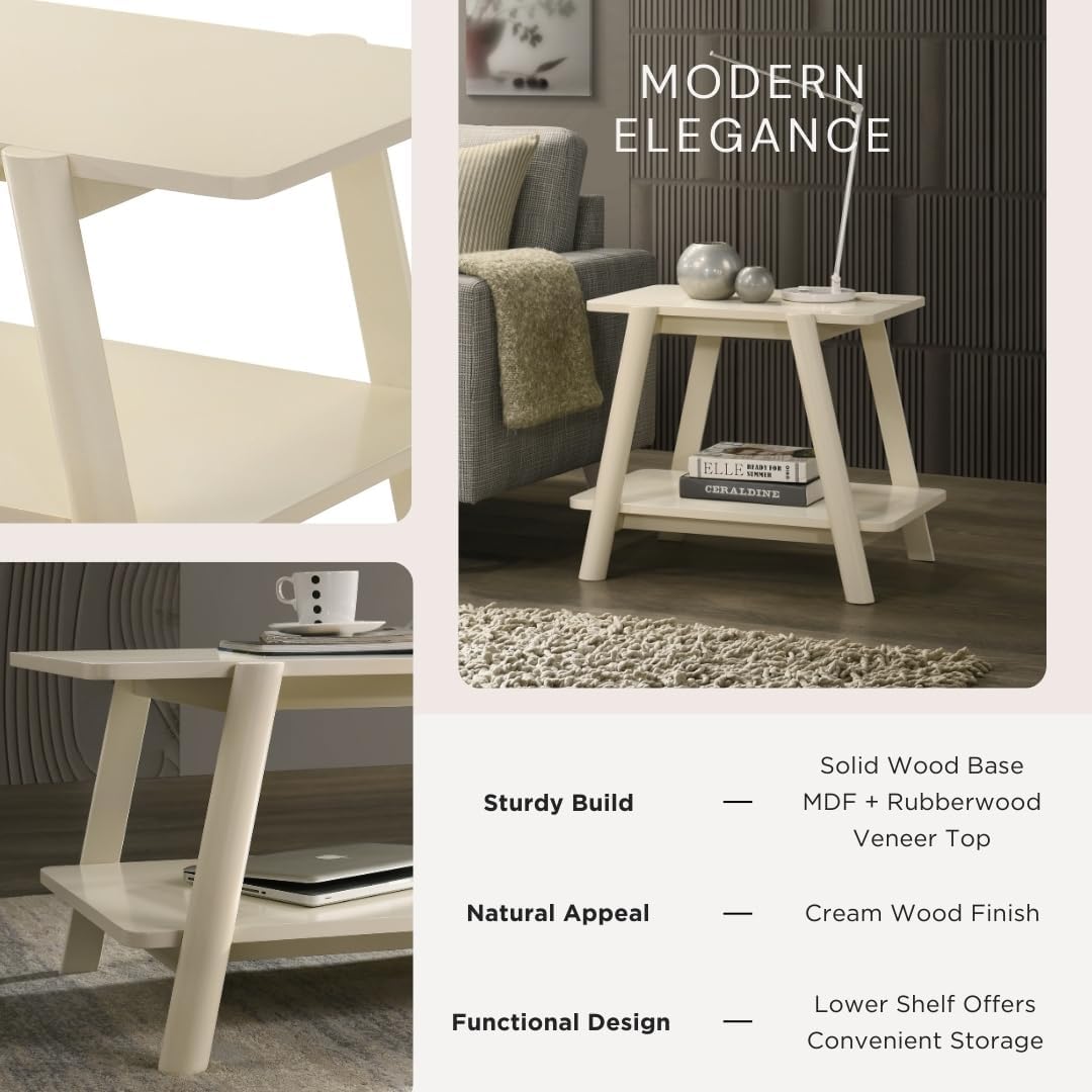 Roundhill Furniture Metz Mid-Century Modern Wood Shelf End Table, Off-White Finish