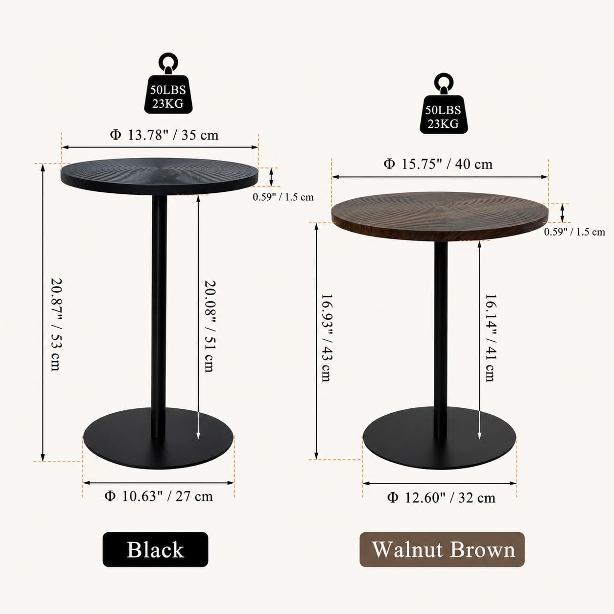 Round Side Table Set of 2, End Tables for Living Room Bedroom, Small Nesting Accent Table Nightstand with Sturdy Metal Base, Wood-Look Circular Couch Tables for Small Spaces, Walnut Brown & Black