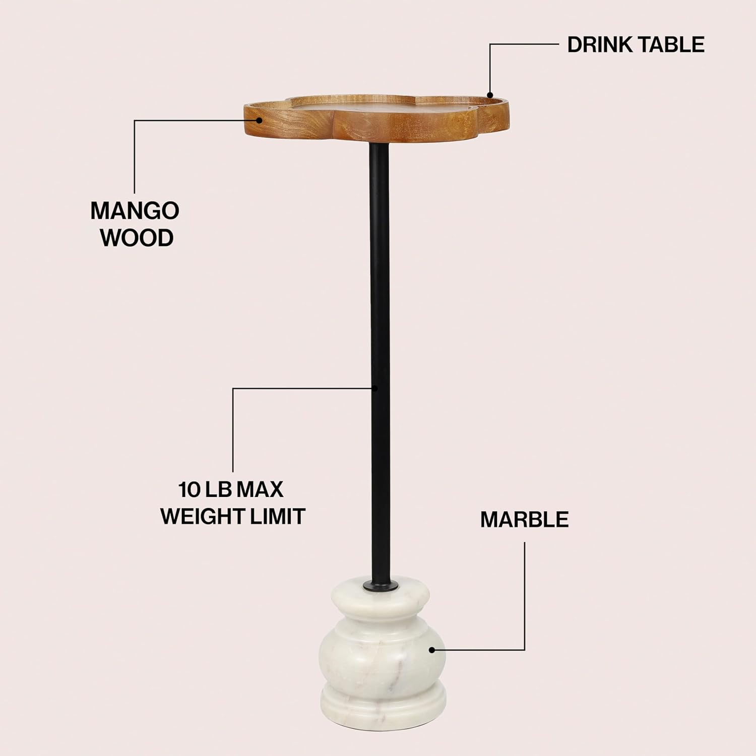 JONATHAN Y Colby Mango Wood Top Drink Table, 24.5" Tall Quatrefoil Martini Accent Table with White Marble Base and Black Iron Pedestal for Small Spaces in Living Room and Bedroom END3000A