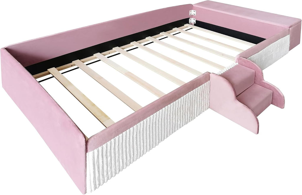 Twin Size Velvet Upholstered Floor Daybed with Stairs, Gas Lift Storage Ottoman and Padded Guardrails for Kids (Pink+White, Twin)