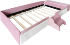 Twin Size Velvet Upholstered Floor Daybed with Stairs, Gas Lift Storage Ottoman and Padded Guardrails for Kids (Pink+White, Twin)