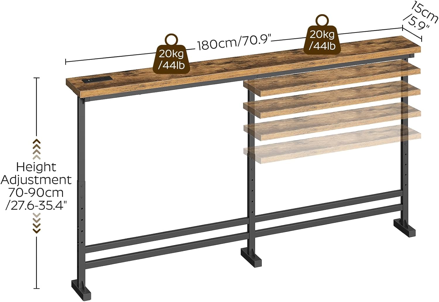 YATINEY 70.9" Console Table with Adjustable Height (27.6"-35.4") and Power Outlet, Skinny Behind Couch Table, Narrow Long Sofa Table for Living Room, Hallway, Entryway, Rustic Brown and Black CT08UBR