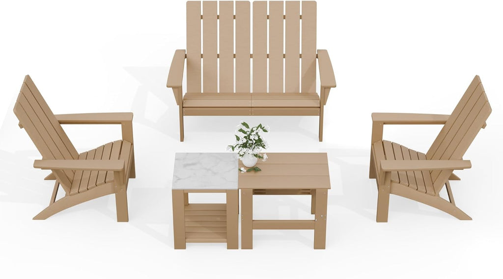 Kullavik Dual-Mode Adirondack Chairs Set of 4 with 2pcs Side Table, HDPE All-Weather Patio Chairs, Outdoor Lawn Chairs for Garden Backyard Porch Pool Deck Firepit, Teak