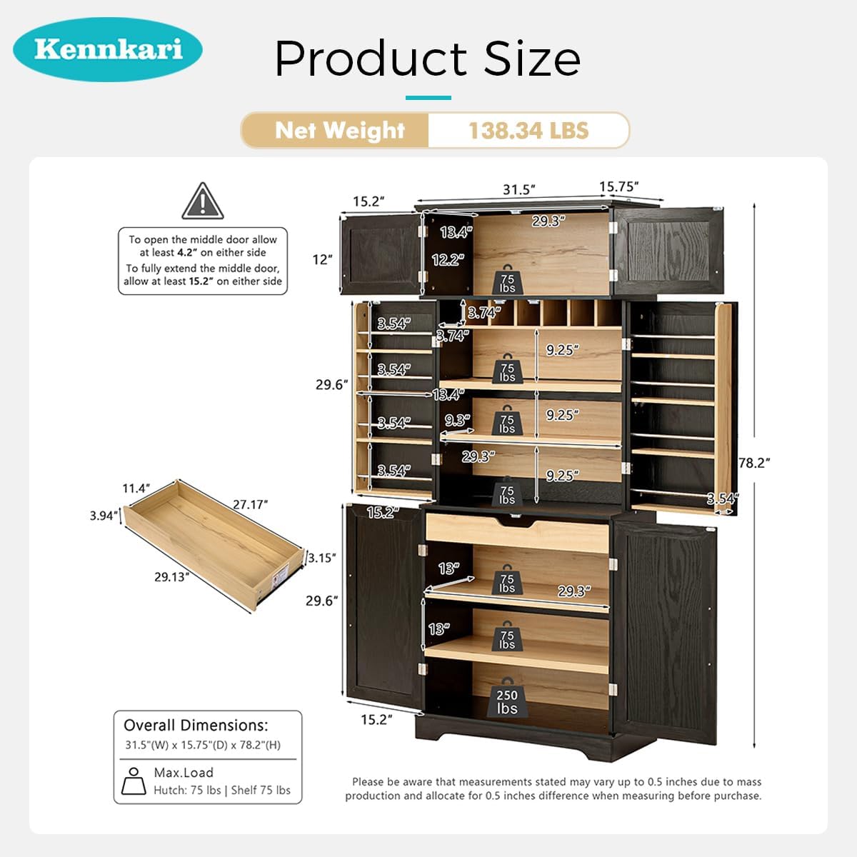78.2" Tall Farmhouse Kitchen Pantry Cabinet with 8 Door Shelves and 4 Adjustable Shelves, Storage Cabinet with Hidden Drawer for Bathroom, Versatile Cupboard with Wine Rack for Kitchen (Black)