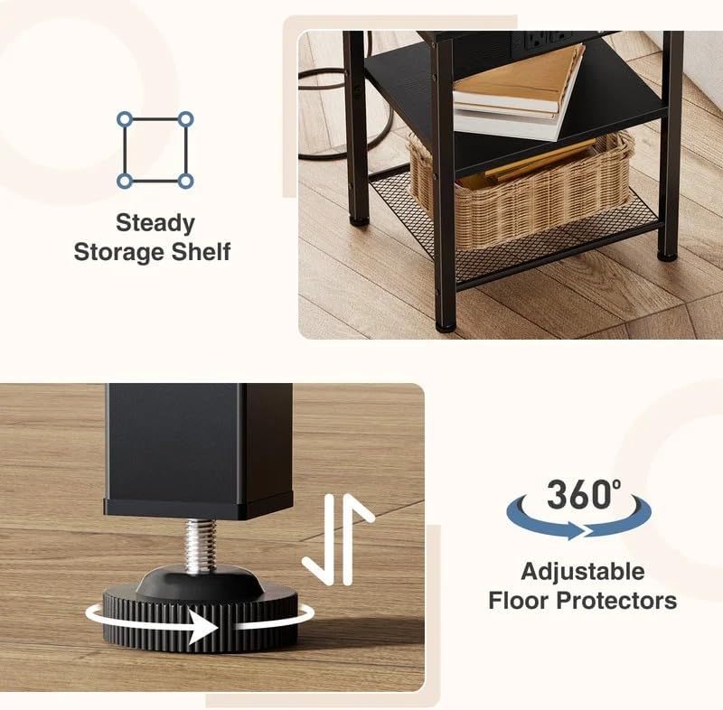 Small Side Table with Charging Station, 3-Tier Adjustable Nightstand with Outlets and USB Ports for Living Room Bedroom, Black Metal End Table for Small Spaces