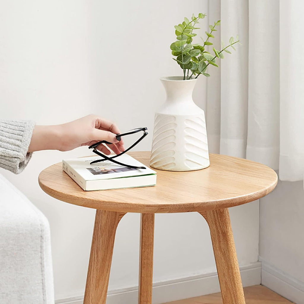 Knocbel Accent Solid Wood Small Round End Table Living Room Sofa Couch Side Snack Table with Legs, Easy Assembly (Natural)