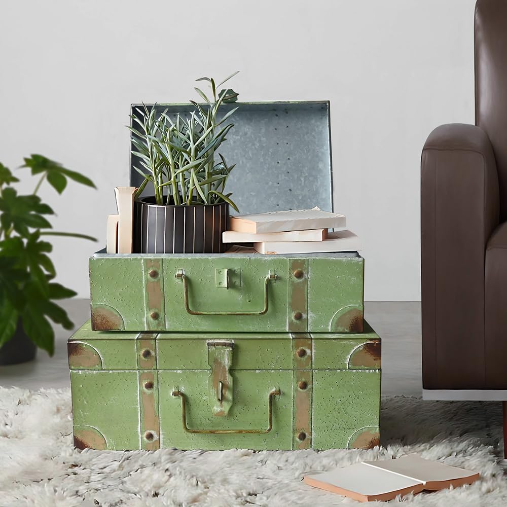 Vintage Metal Storage Trunks - Set of 2, Antique Decorative Storage Chests with Lids, Decorative Suitcase Boxes, Vintage Suitcases for Keepsakes and Home Decor, Green